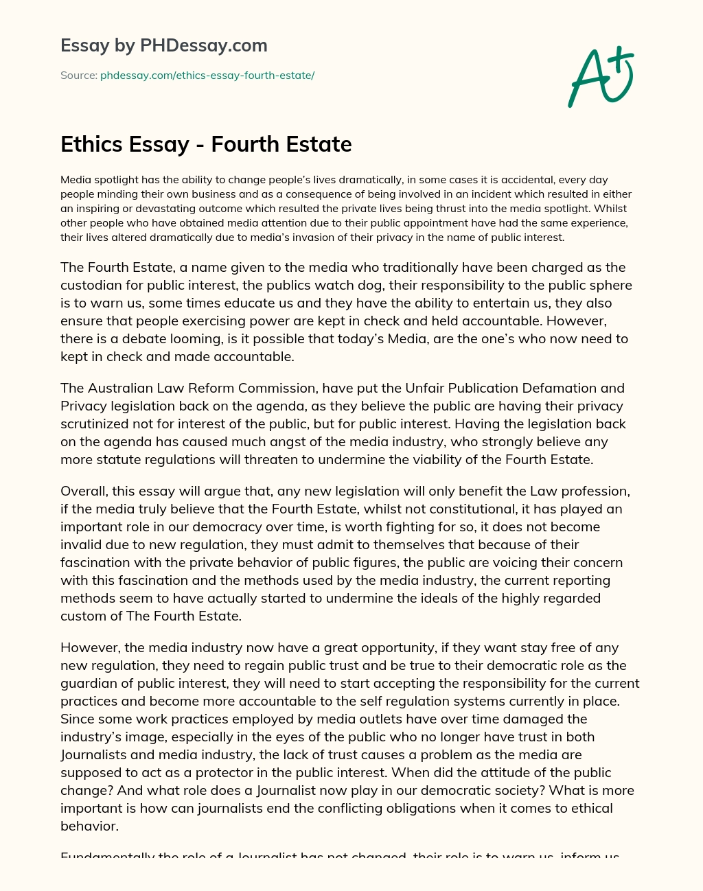 Ethics Essay – Fourth Estate essay