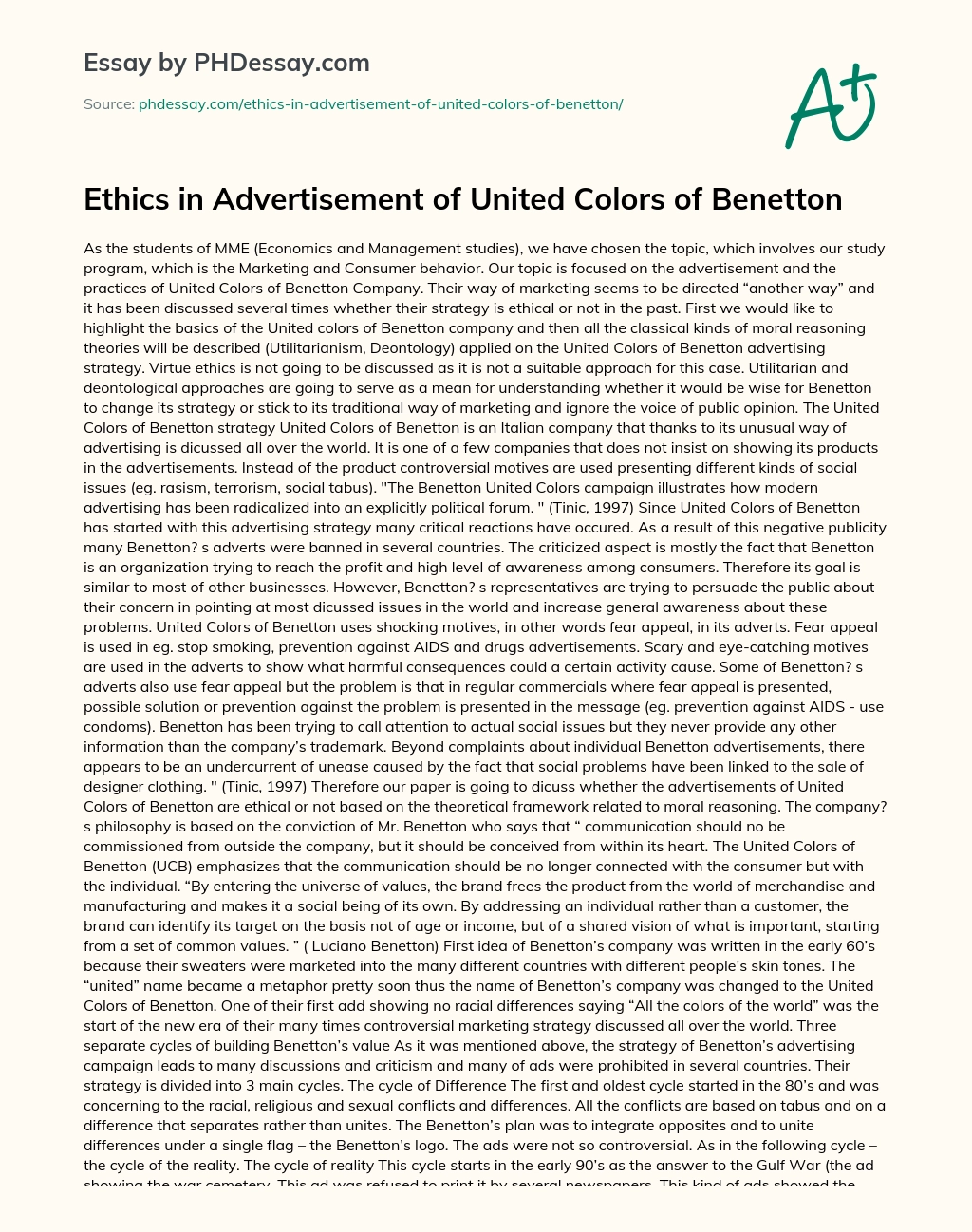 Ethics in Advertisement of United Colors of Benetton essay