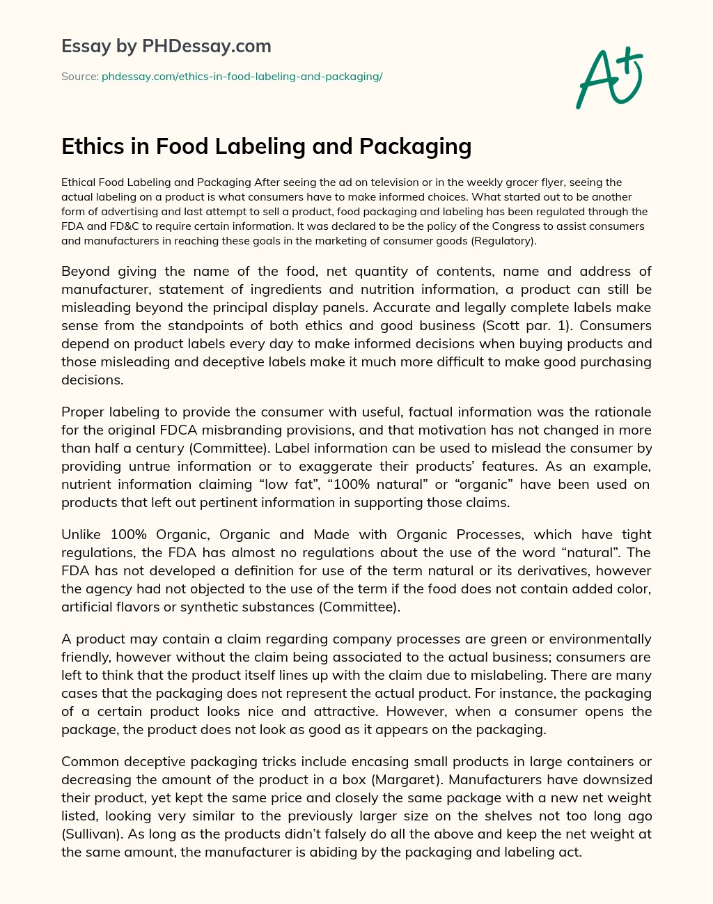 Ethics in Food Labeling and Packaging essay