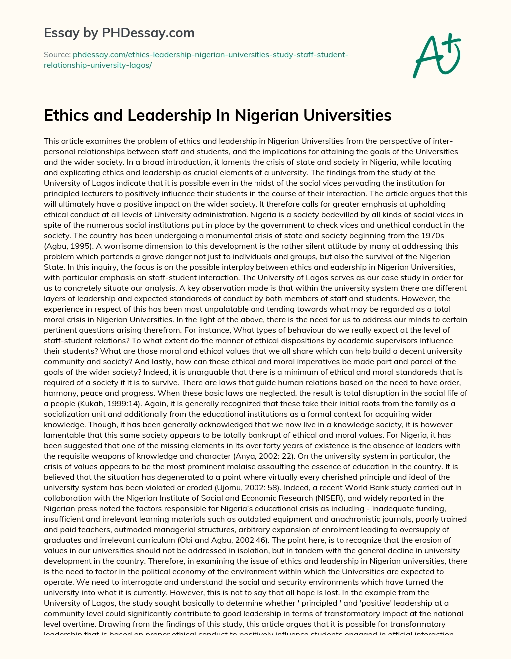 Ethics and Leadership In Nigerian Universities essay