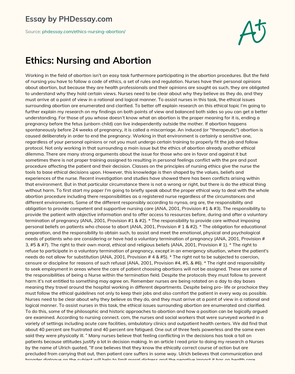 Ethics: Nursing and Abortion essay