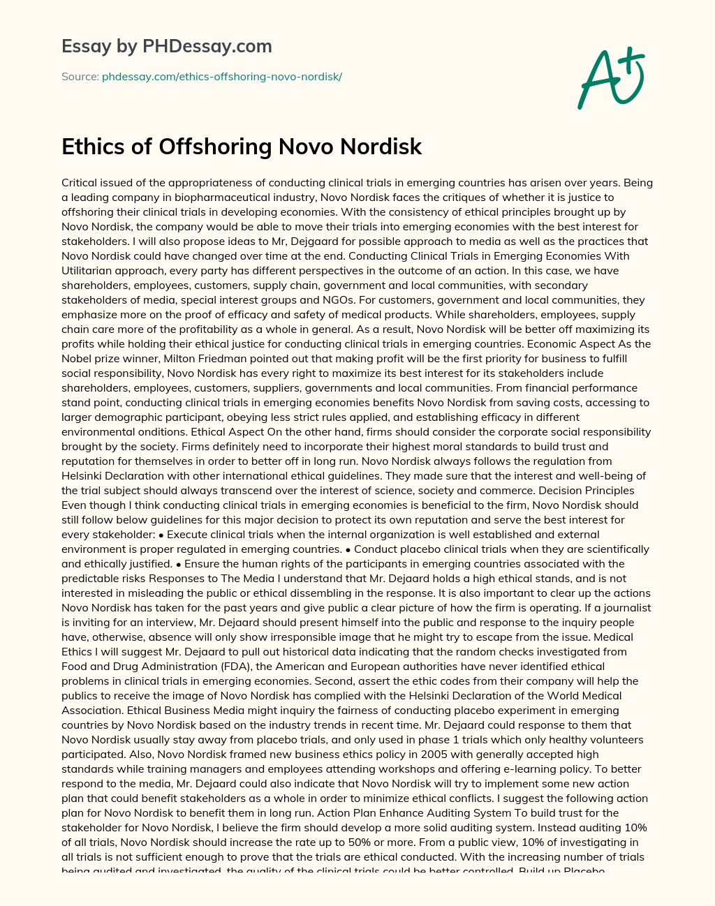Ethics of Offshoring Novo Nordisk essay