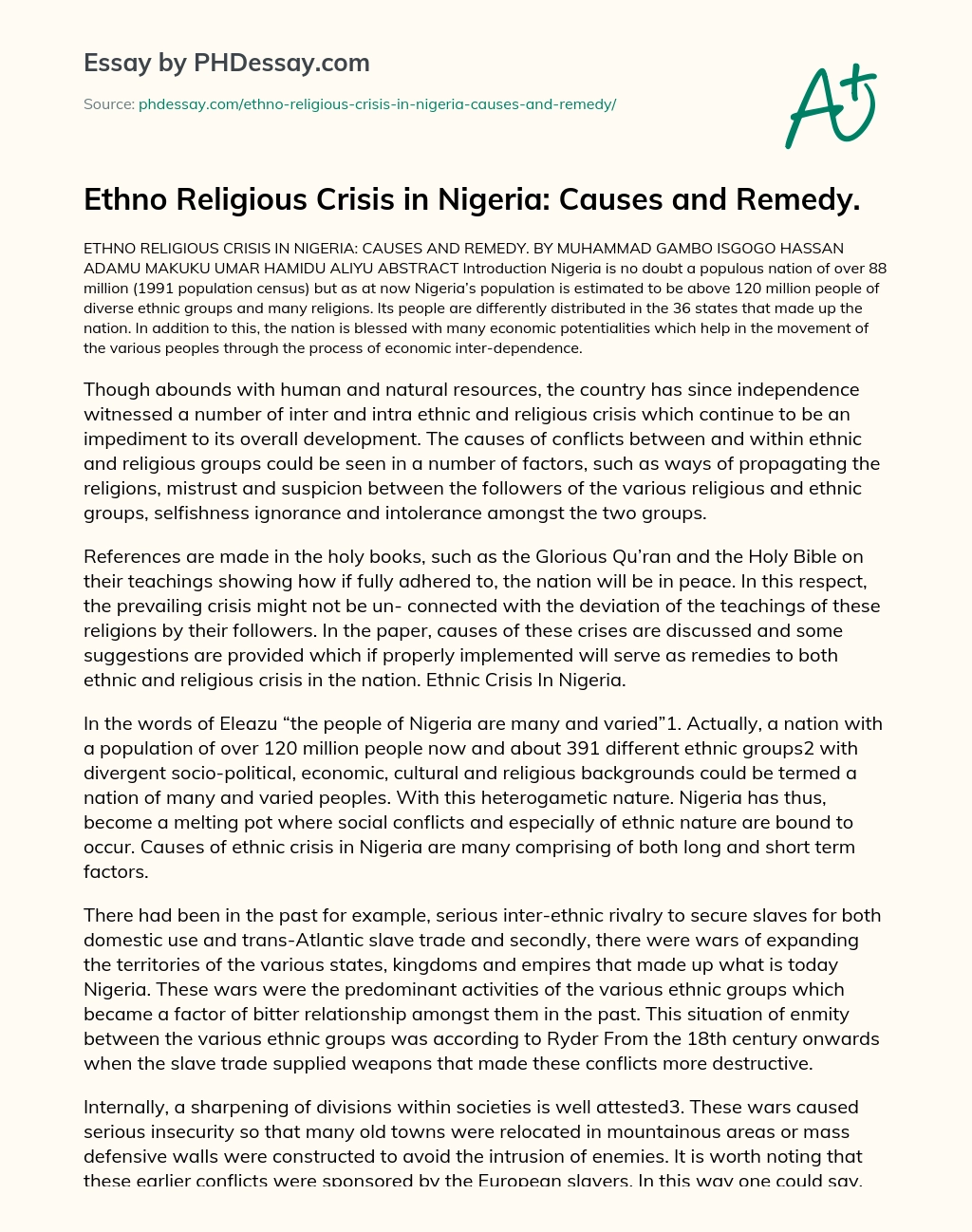Ethno Religious Crisis in Nigeria: Causes and Remedy. essay