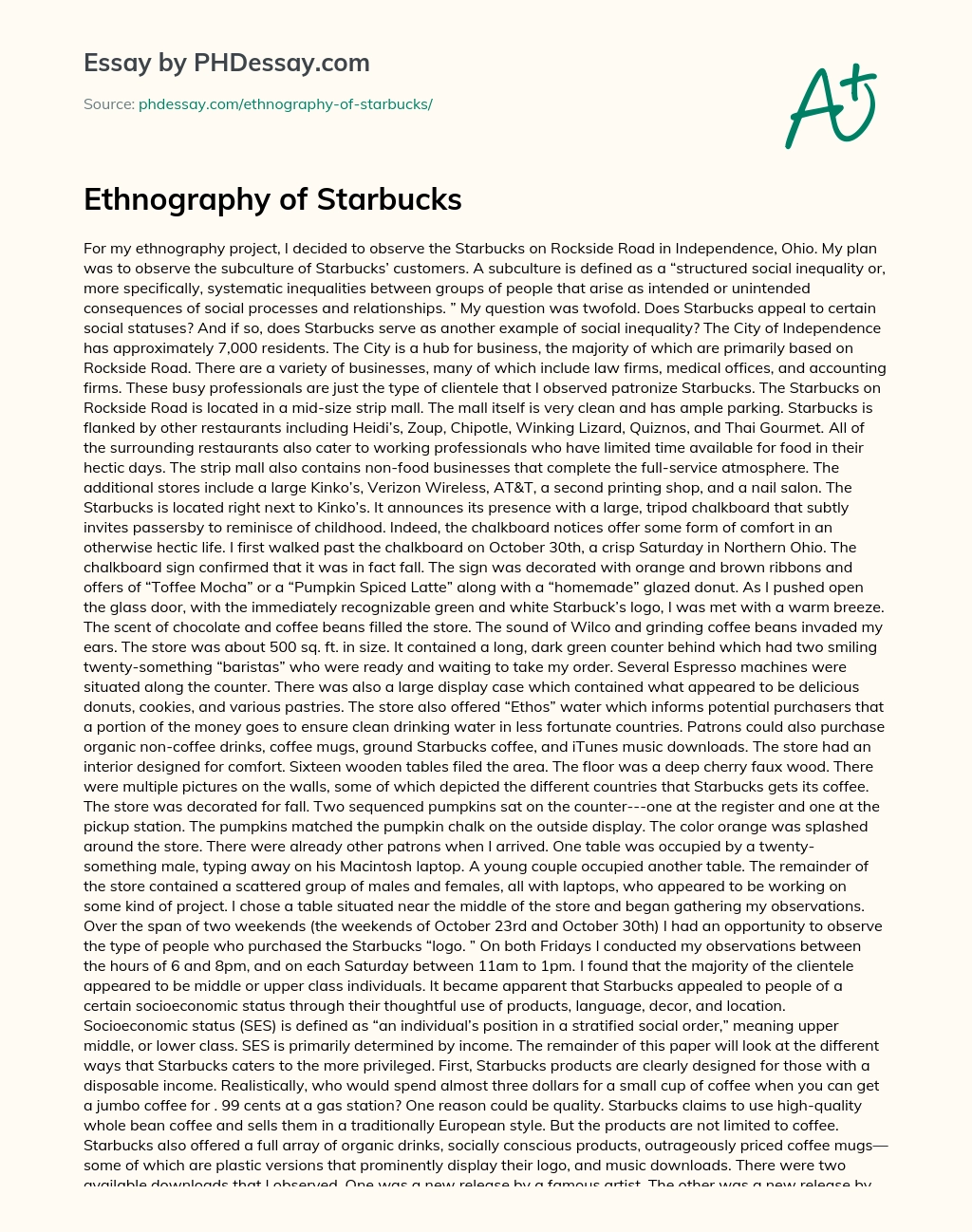 Ethnography of Starbucks essay