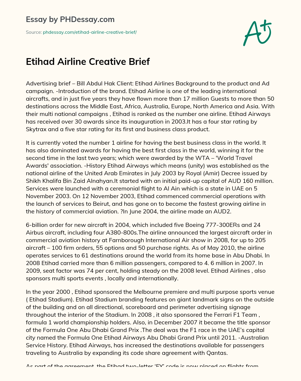 Etihad Airline Creative Brief essay