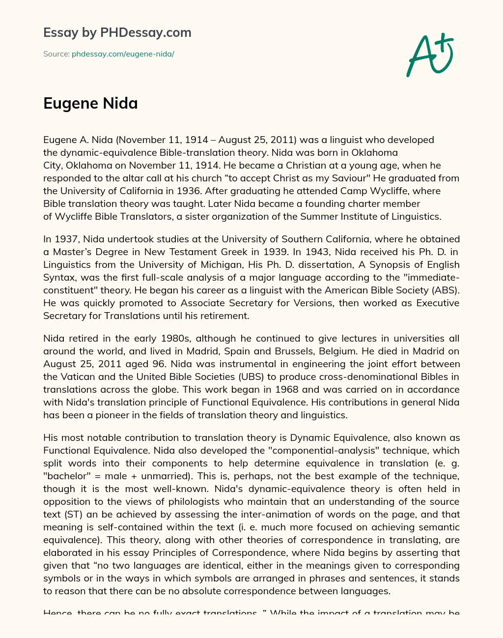 Eugene A. Nida: Pioneer of Dynamic-Equivalence Bible Translation Theory and Linguistics essay