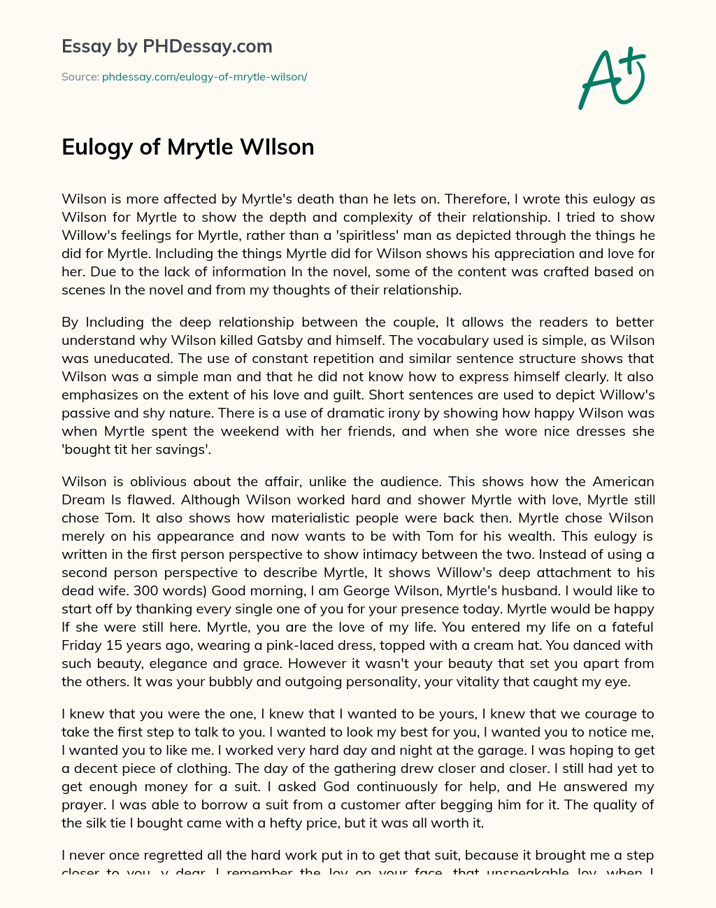 Eulogy of Mrytle WIlson essay