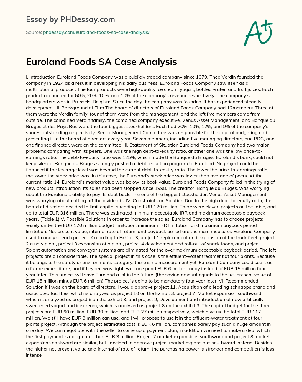 Euroland Foods SA Case Analysis essay