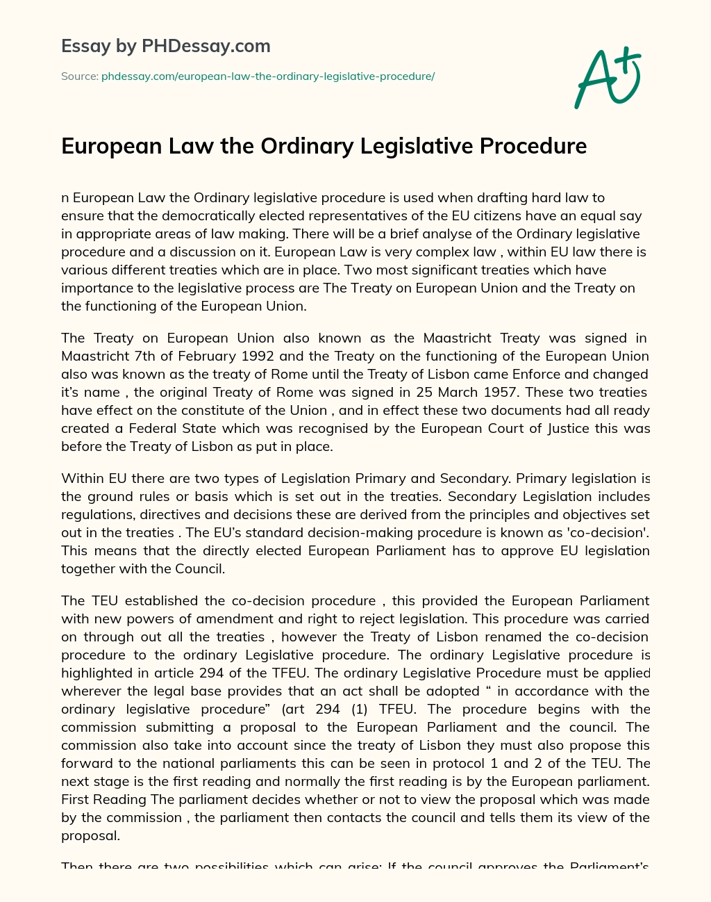 European Law the Ordinary Legislative Procedure essay