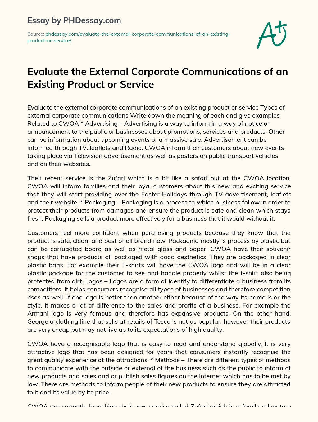 Evaluate the External Corporate Communications of an Existing Product or Service essay