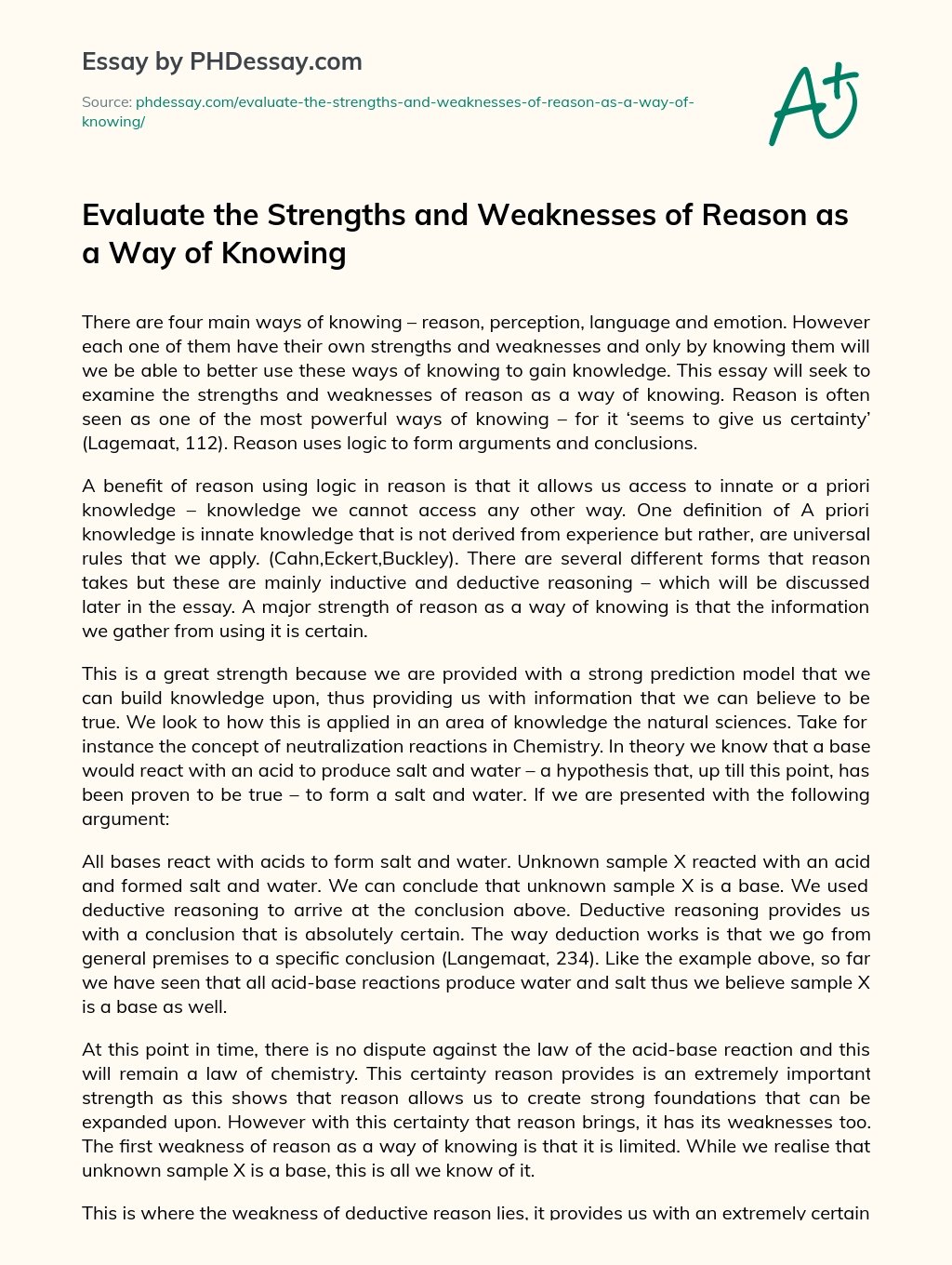 Evaluate the Strengths and Weaknesses of Reason as a Way of Knowing essay