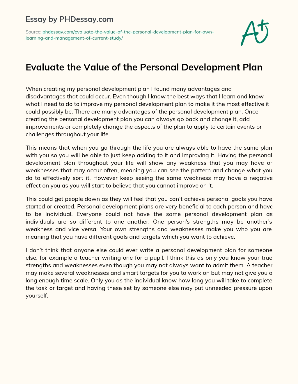 Evaluate the Value of the Personal Development Plan essay