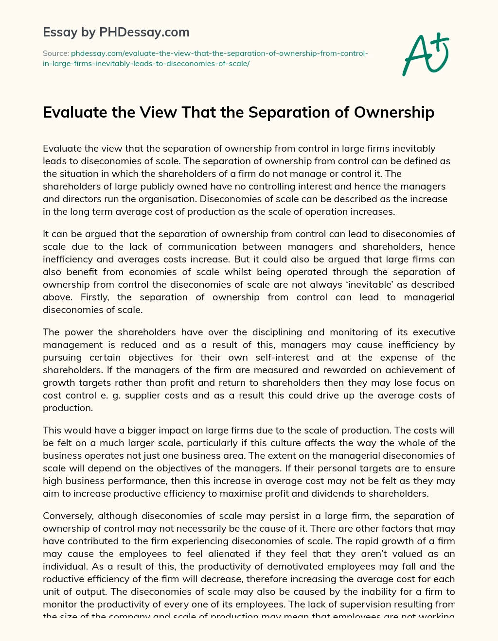 Evaluate the View That the Separation of Ownership essay