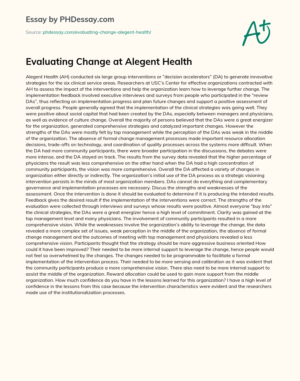 Evaluating Change at Alegent Health essay