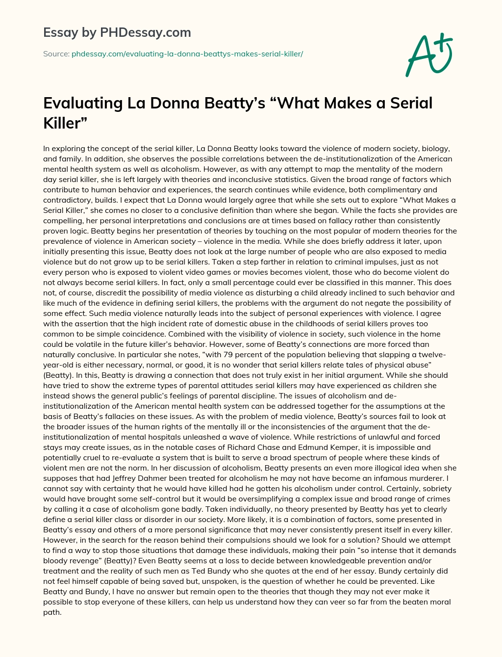 Evaluating La Donna Beatty’s “What Makes a Serial Killer” essay