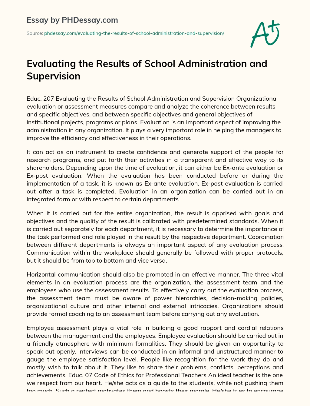Evaluating the Results of School Administration and Supervision essay