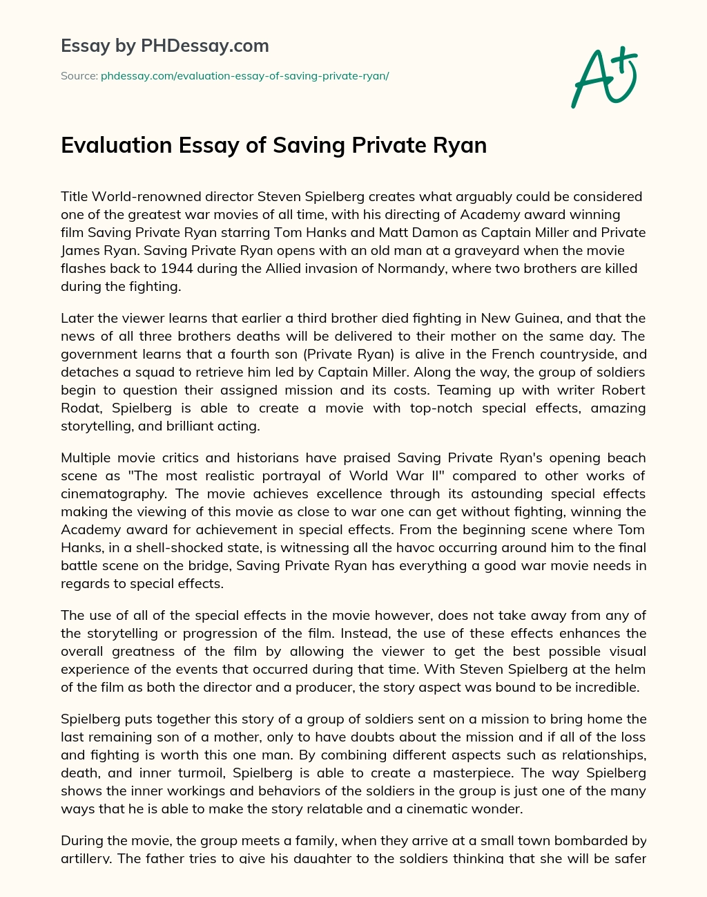 Evaluation Essay of Saving Private Ryan essay