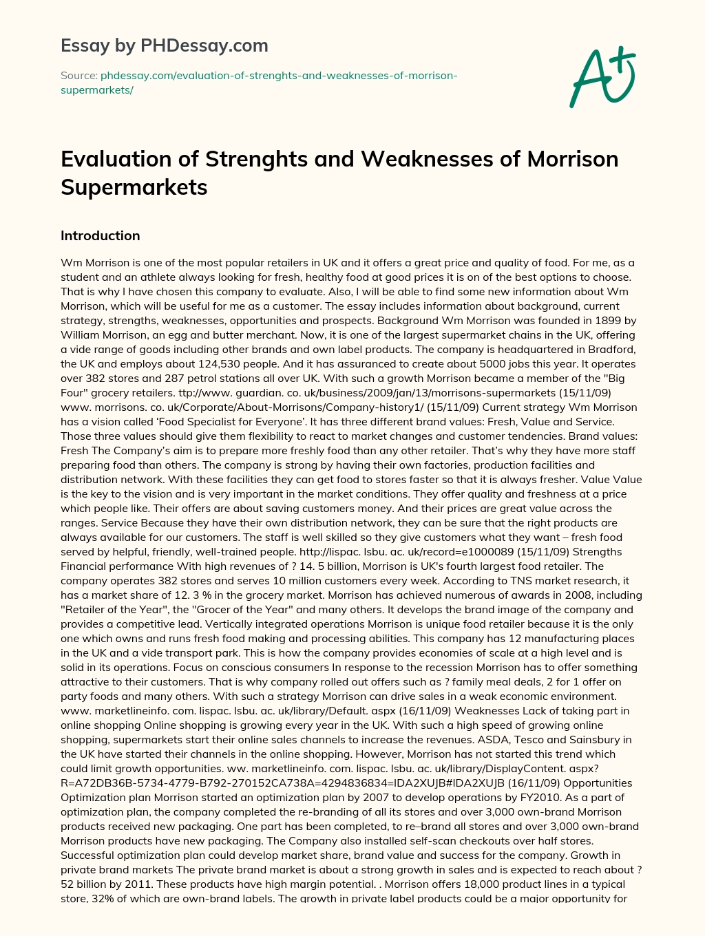 Evaluation of Strenghts and Weaknesses of Morrison Supermarkets essay