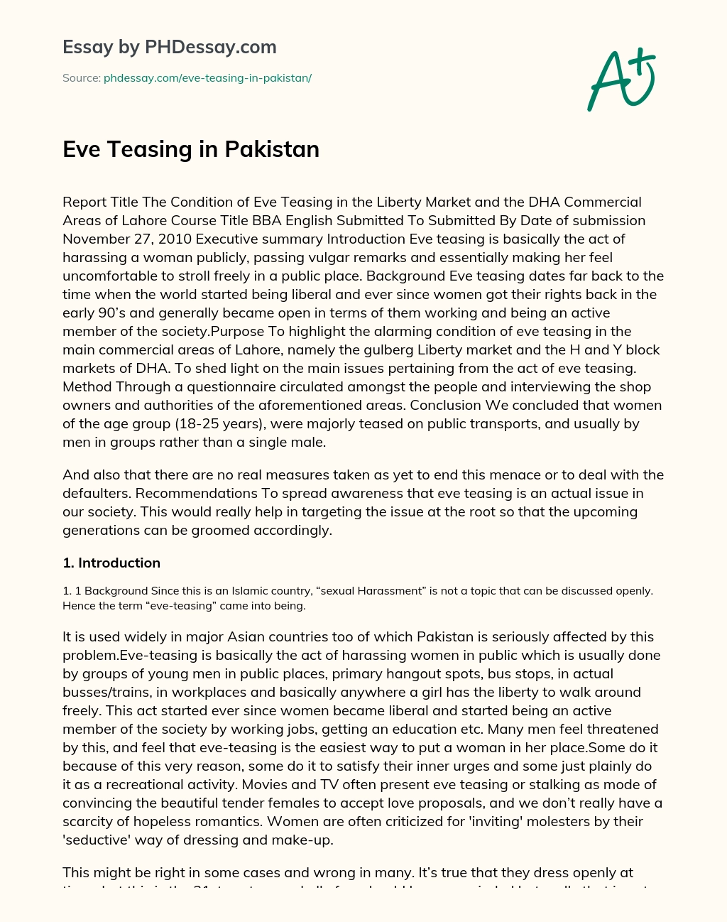 Eve Teasing in Pakistan essay
