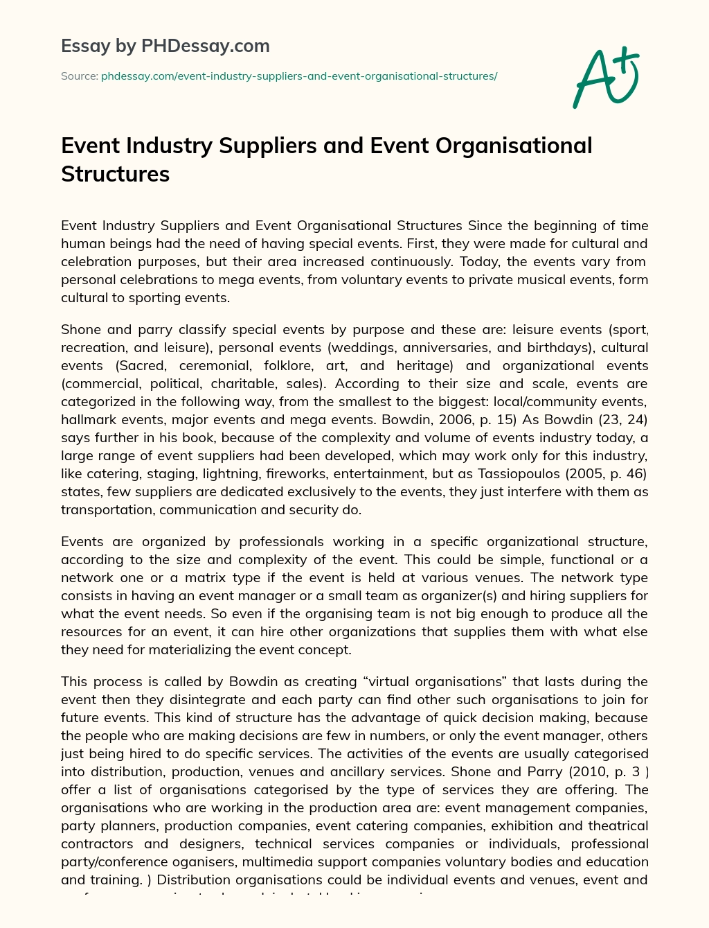 Event Industry Suppliers and Event Organisational Structures essay