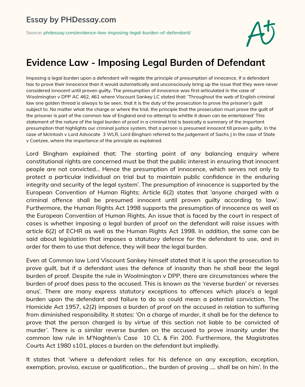Evidence Law – Imposing Legal Burden of Defendant essay
