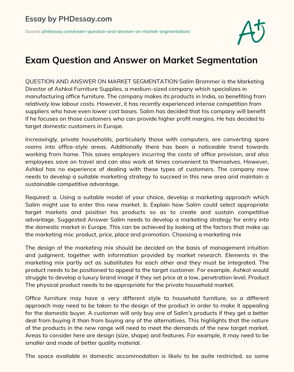 Exam Question and Answer on Market Segmentation essay
