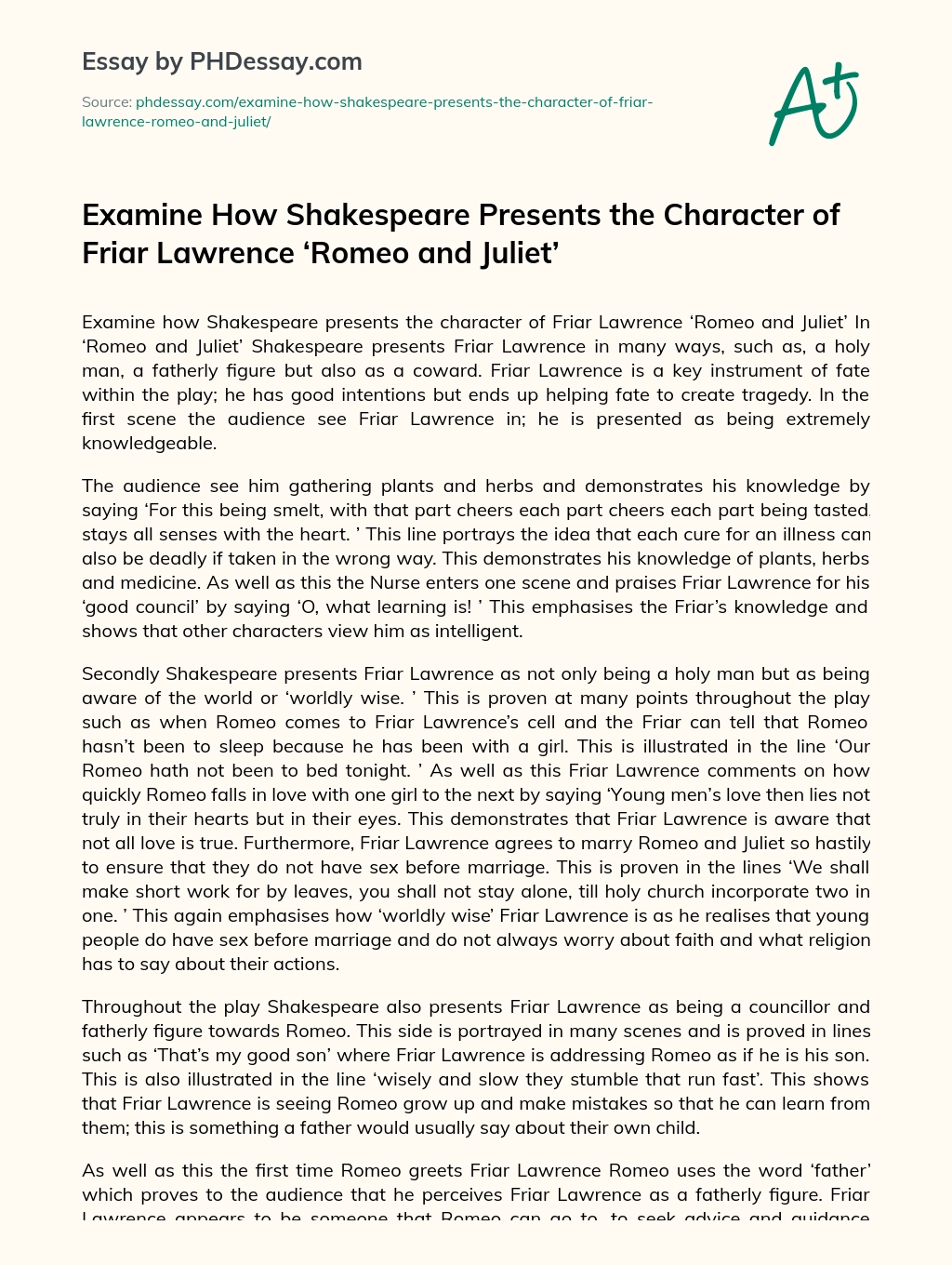 Examine How Shakespeare Presents the Character of Friar Lawrence ‘Romeo and Juliet’ essay