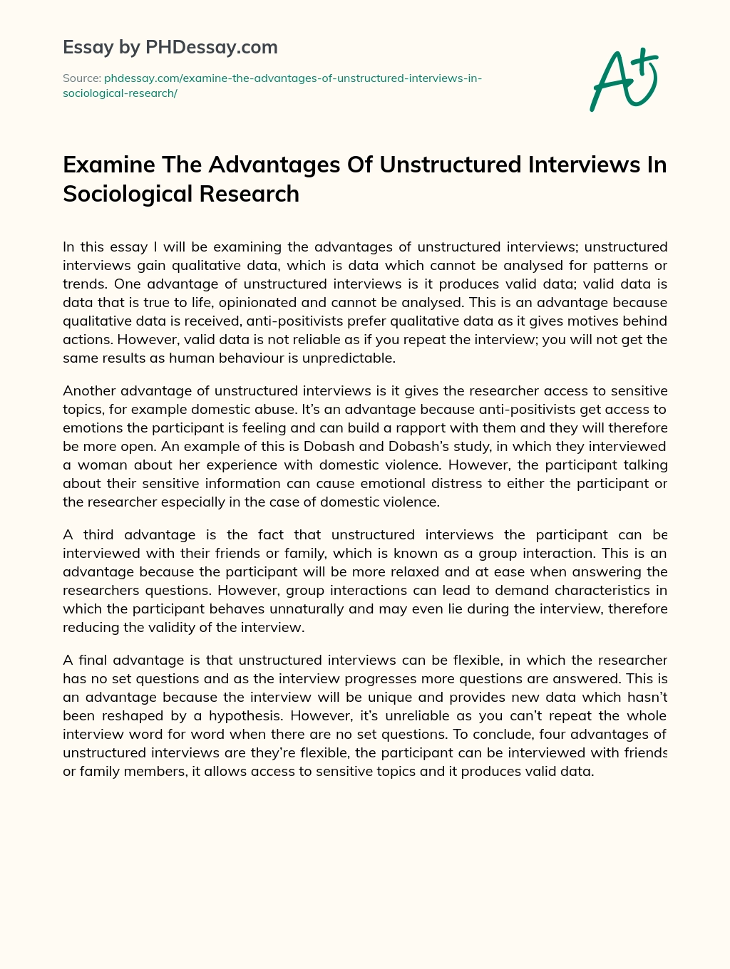 Advantages of Unstructured Interviews: Validity and Access to Sensitive Topics essay