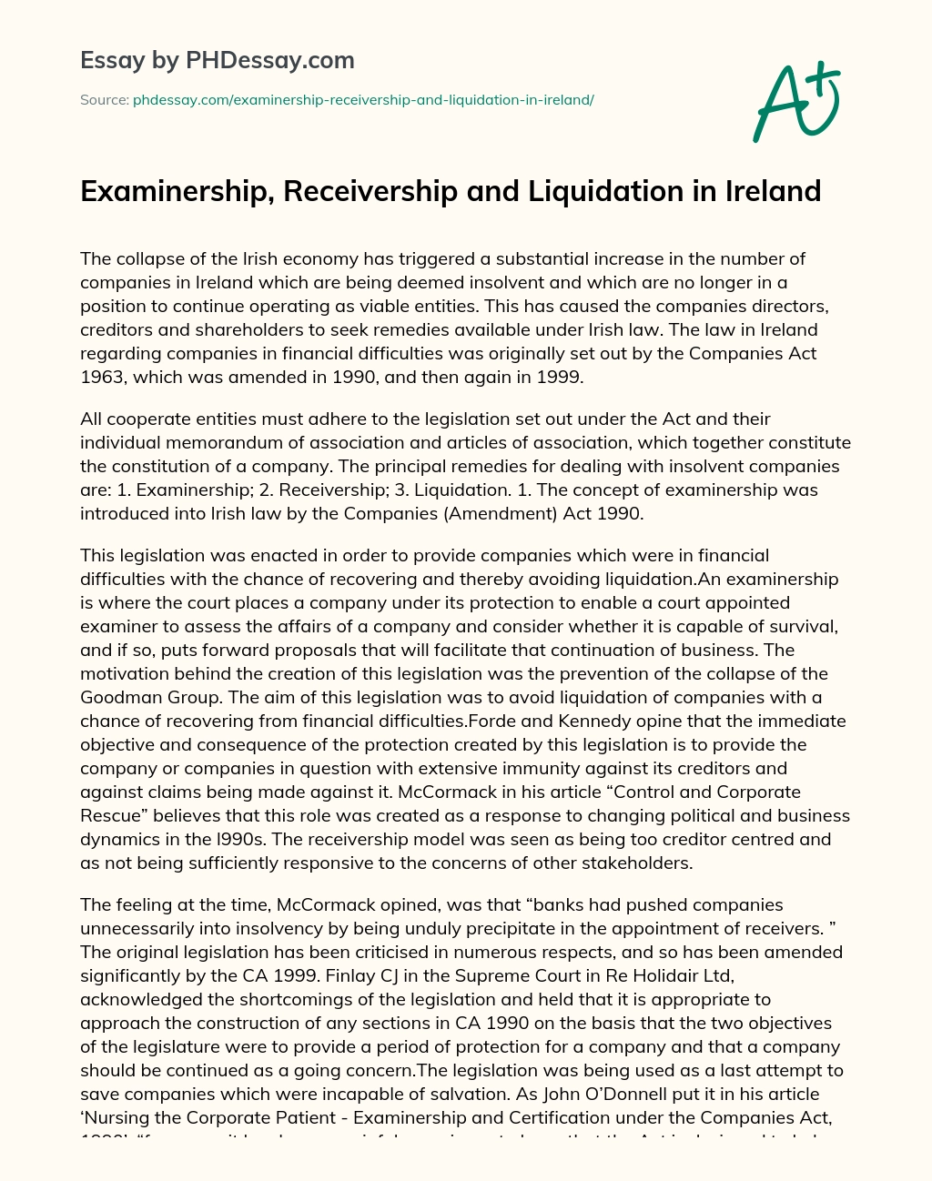 Examinership, Receivership and Liquidation in Ireland essay