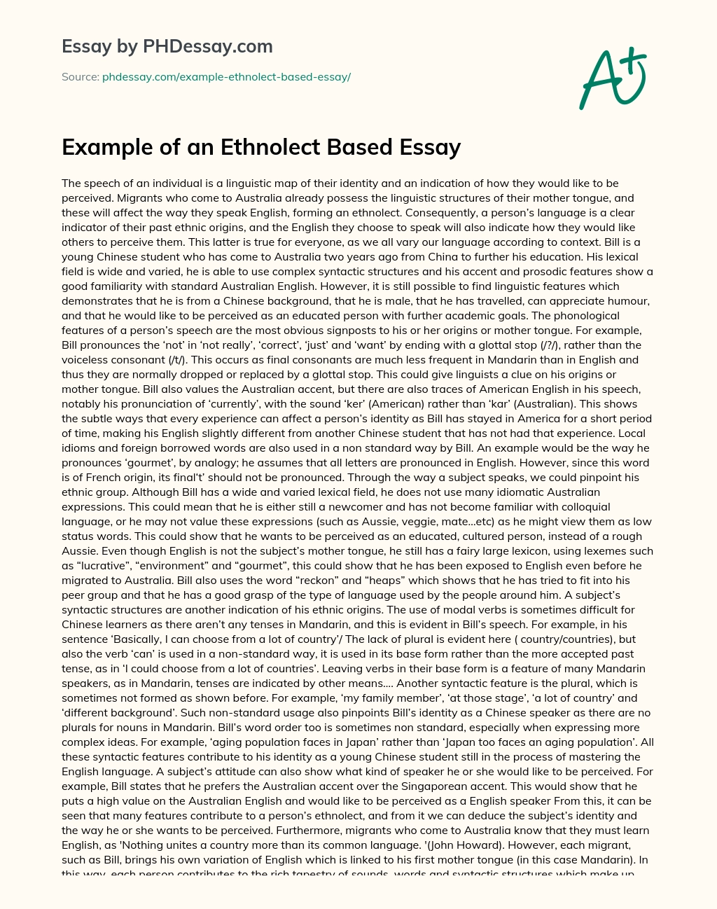Example of an Ethnolect Based Essay essay