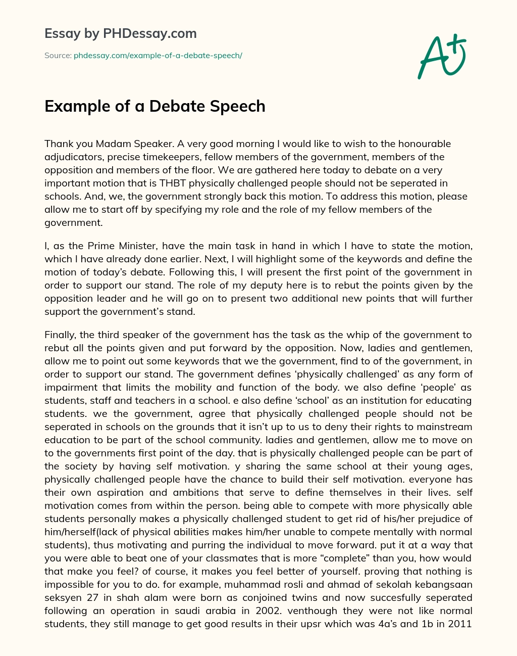Example of a Debate Speech essay