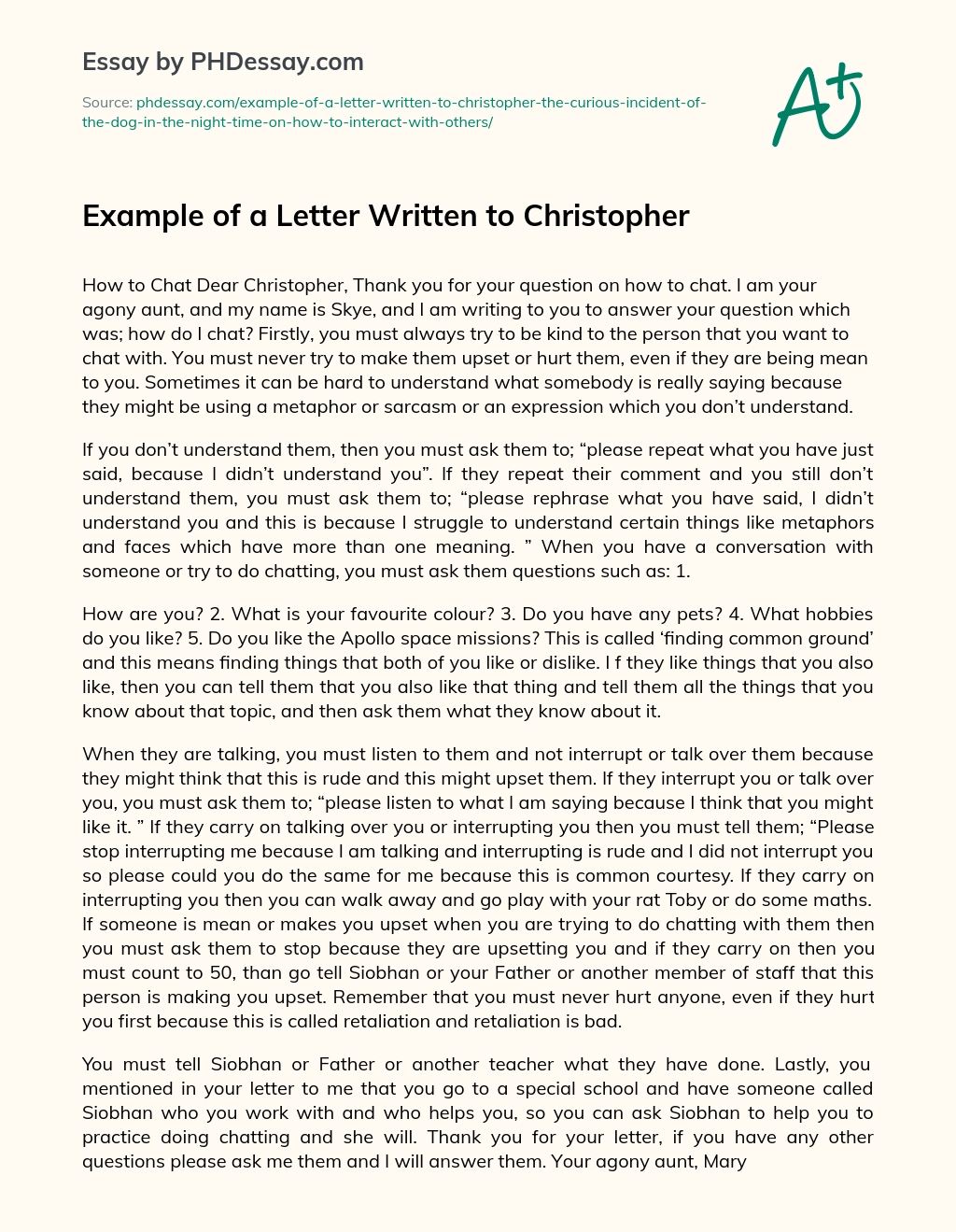 Example of a Letter Written to Christopher essay