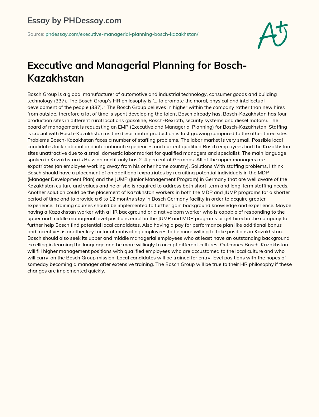 Executive and Managerial Planning for Bosch-Kazakhstan essay