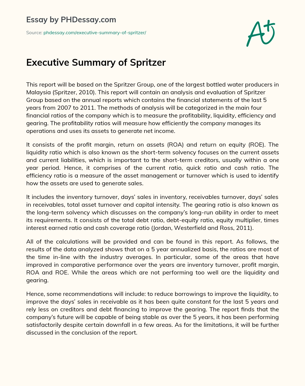 Executive Summary of Spritzer essay
