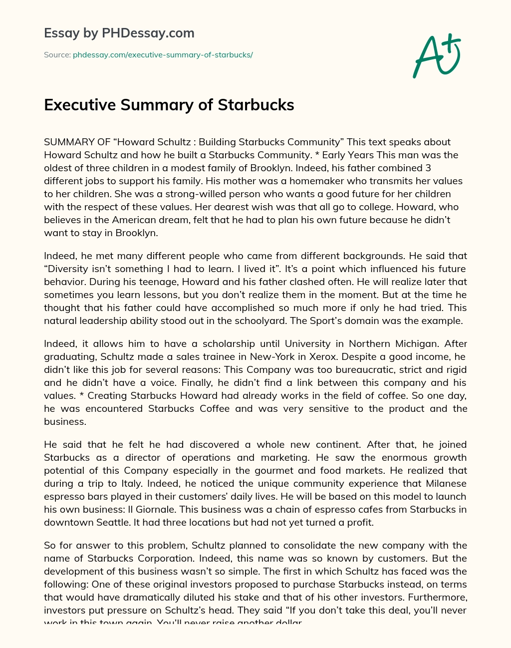 Executive Summary of Starbucks essay