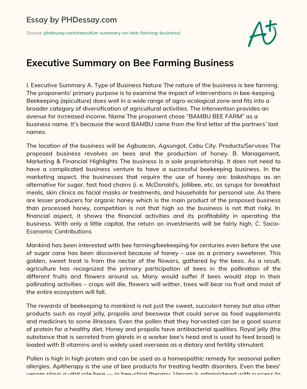 Executive Summary on Bee Farming Business essay