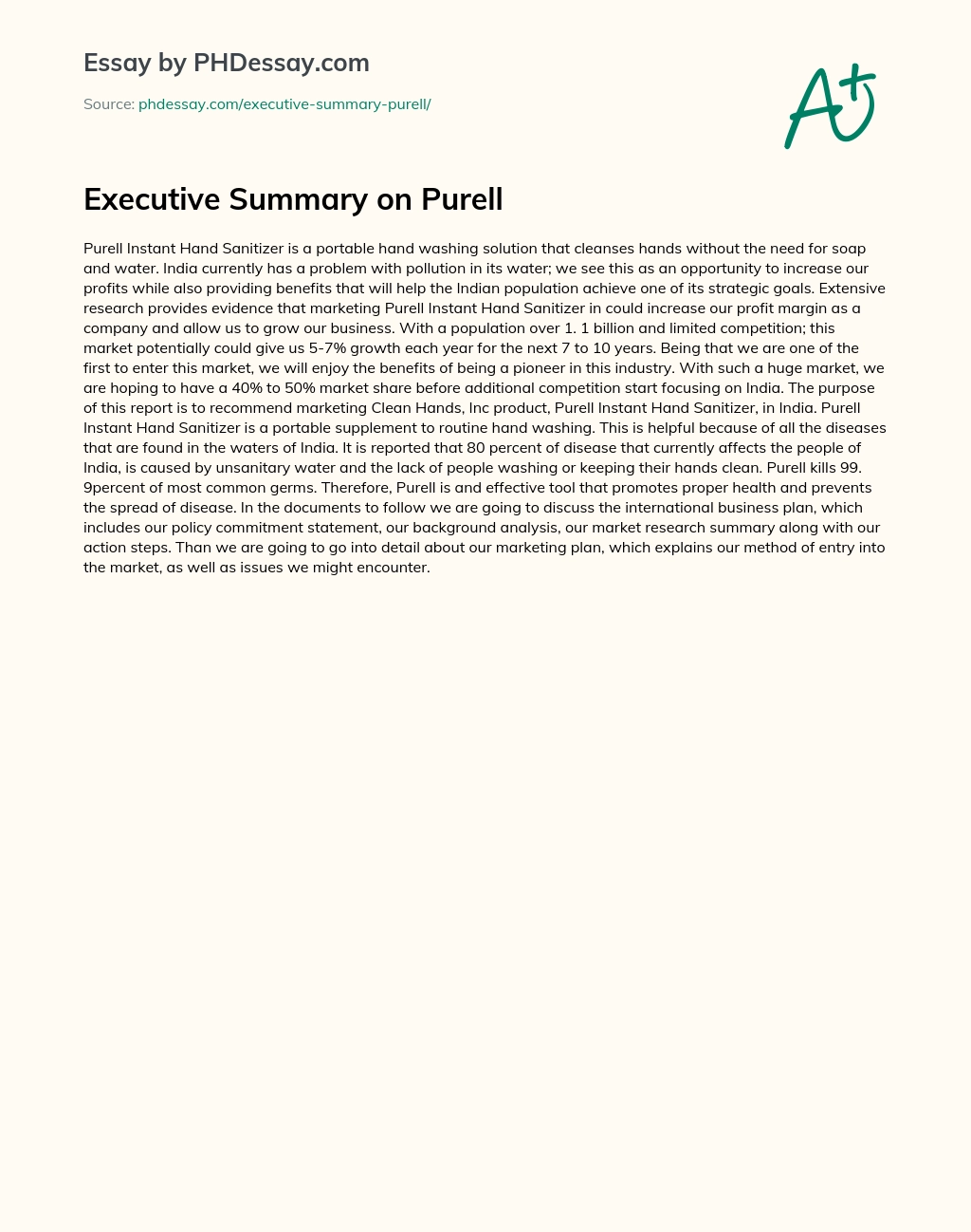 Executive Summary on Purell essay