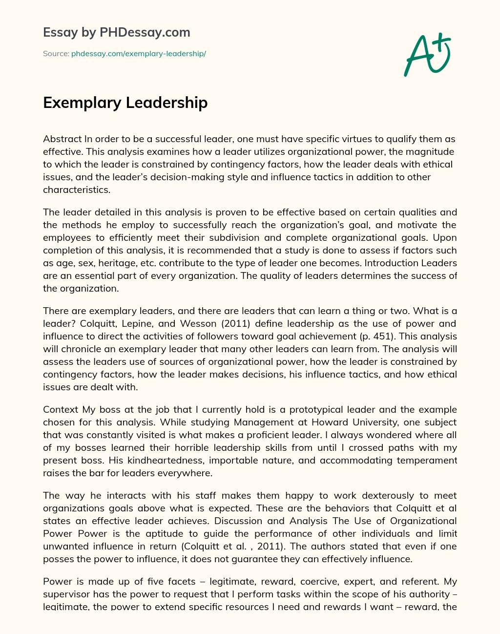 Exemplary Leadership essay