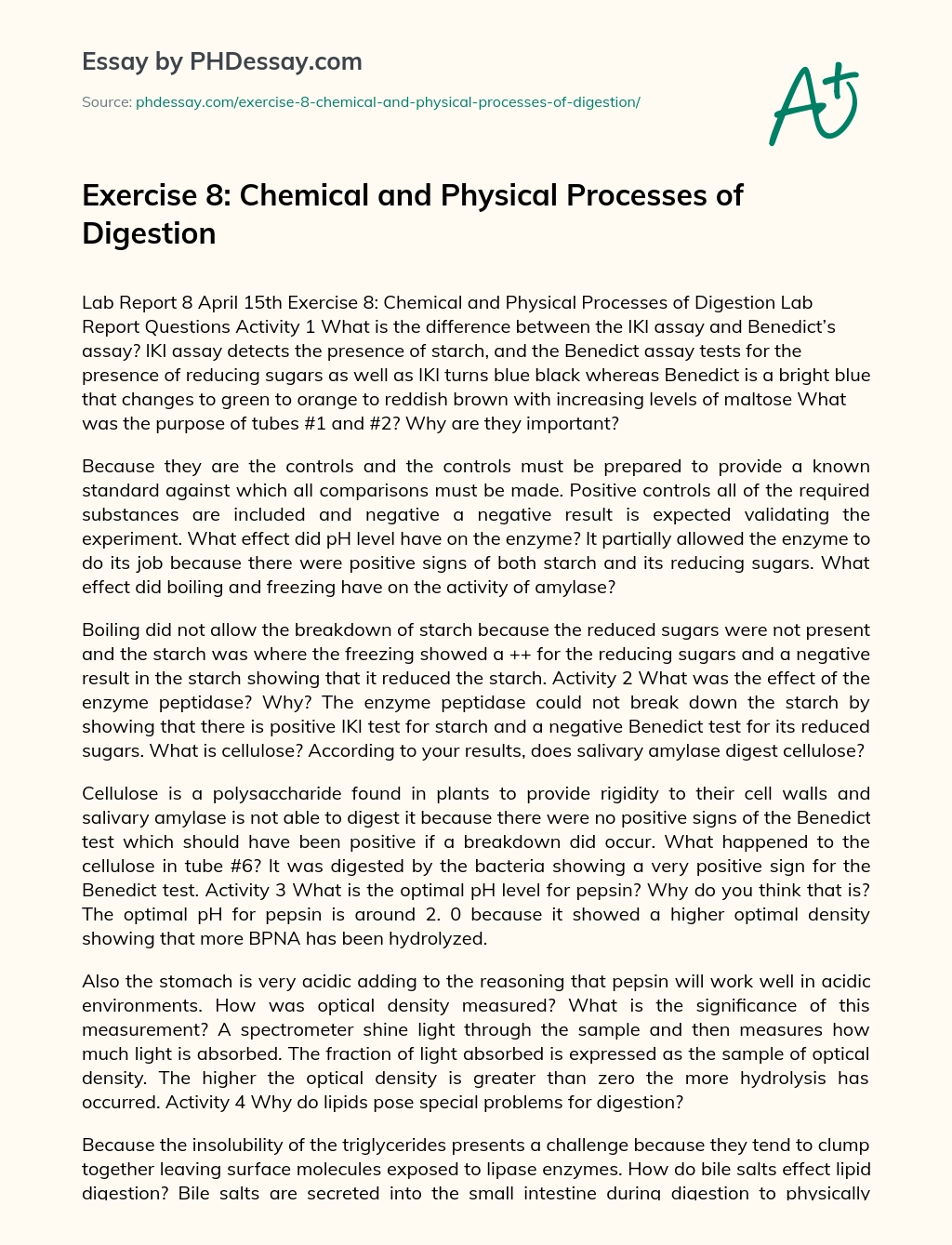 Exercise 8: Chemical and Physical Processes of Digestion essay