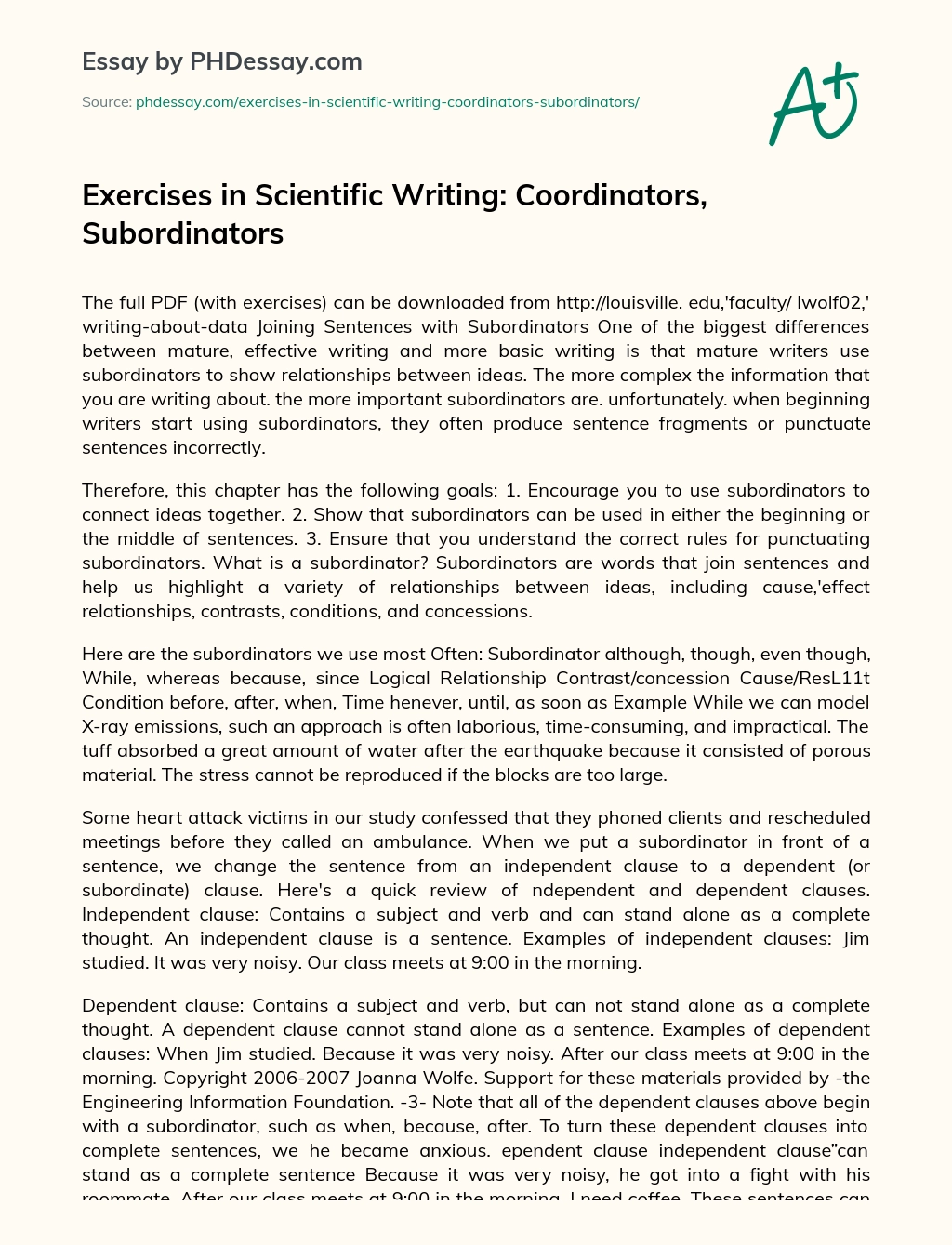 Exercises in Scientific Writing: Coordinators, Subordinators essay