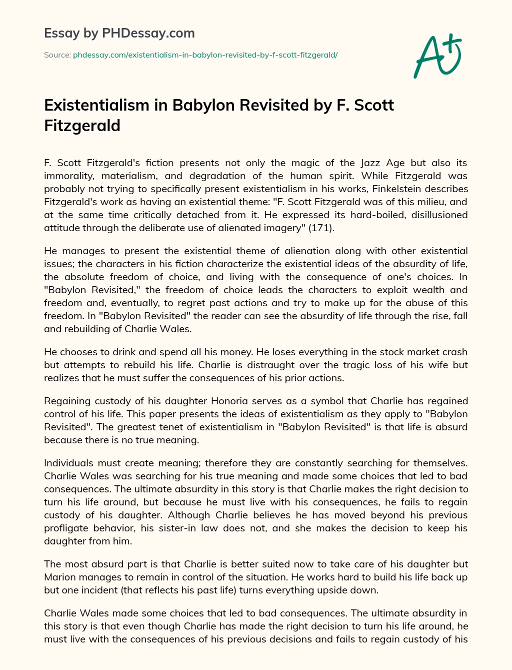 Existentialism in Babylon Revisited by F. Scott Fitzgerald essay