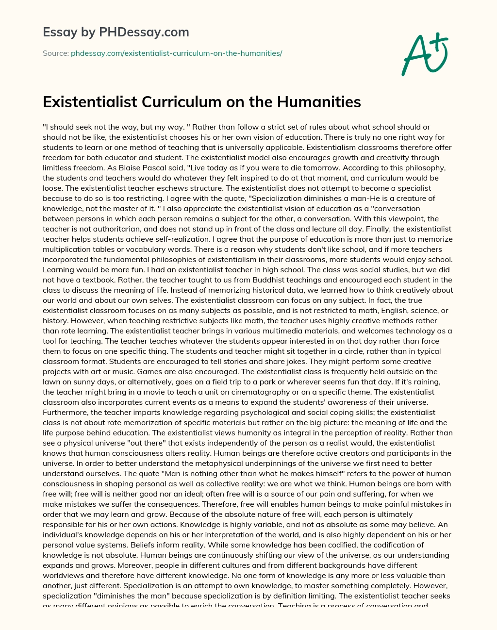 Existentialist Curriculum on the Humanities essay