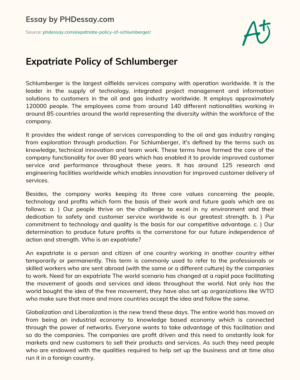 Expatriate Policy of Schlumberger essay