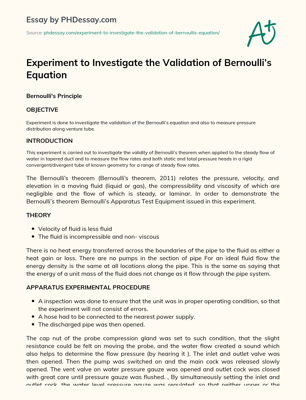 Experiment to Investigate the Validation of Bernoulli’s Equation essay