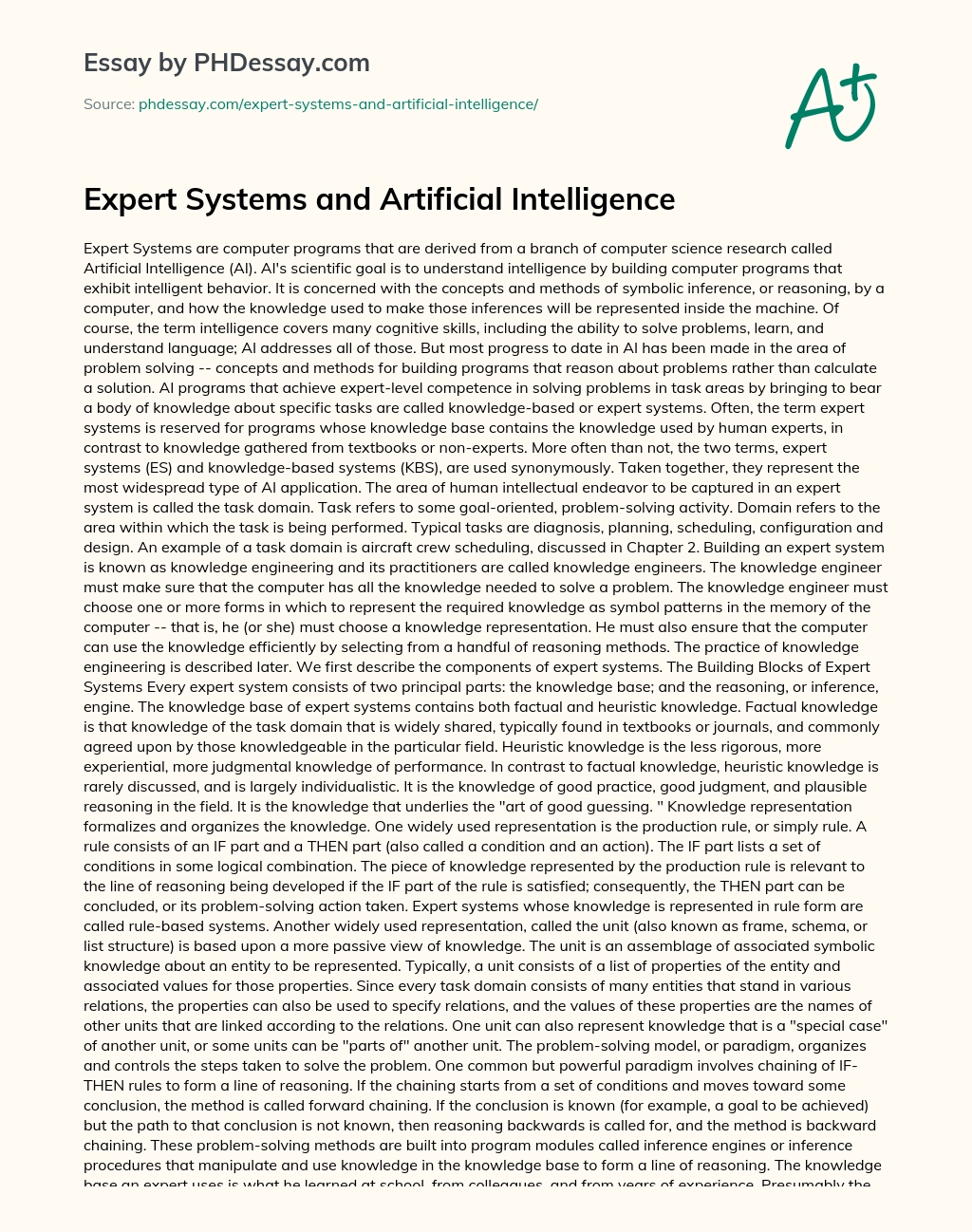 Expert Systems and Artificial Intelligence essay