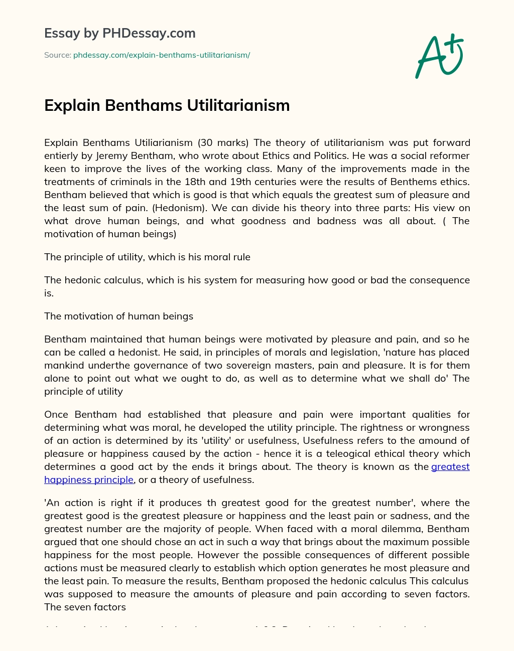 Explain Benthams Utilitarianism essay