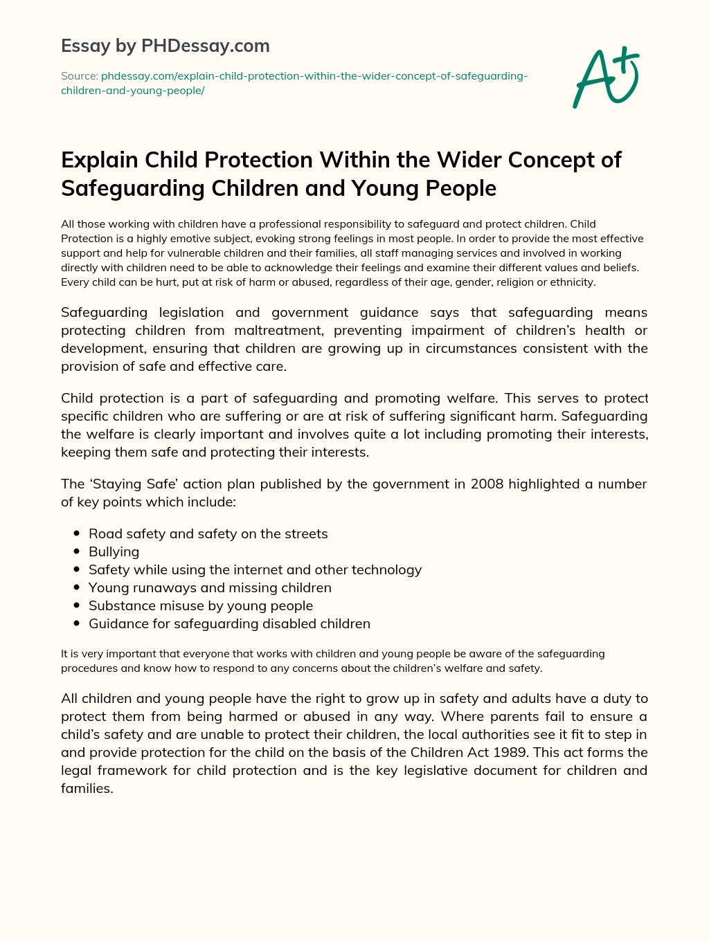 Safe and Protecting Children’ – Importance of Child Protection and Safeguarding in Working with Children essay
