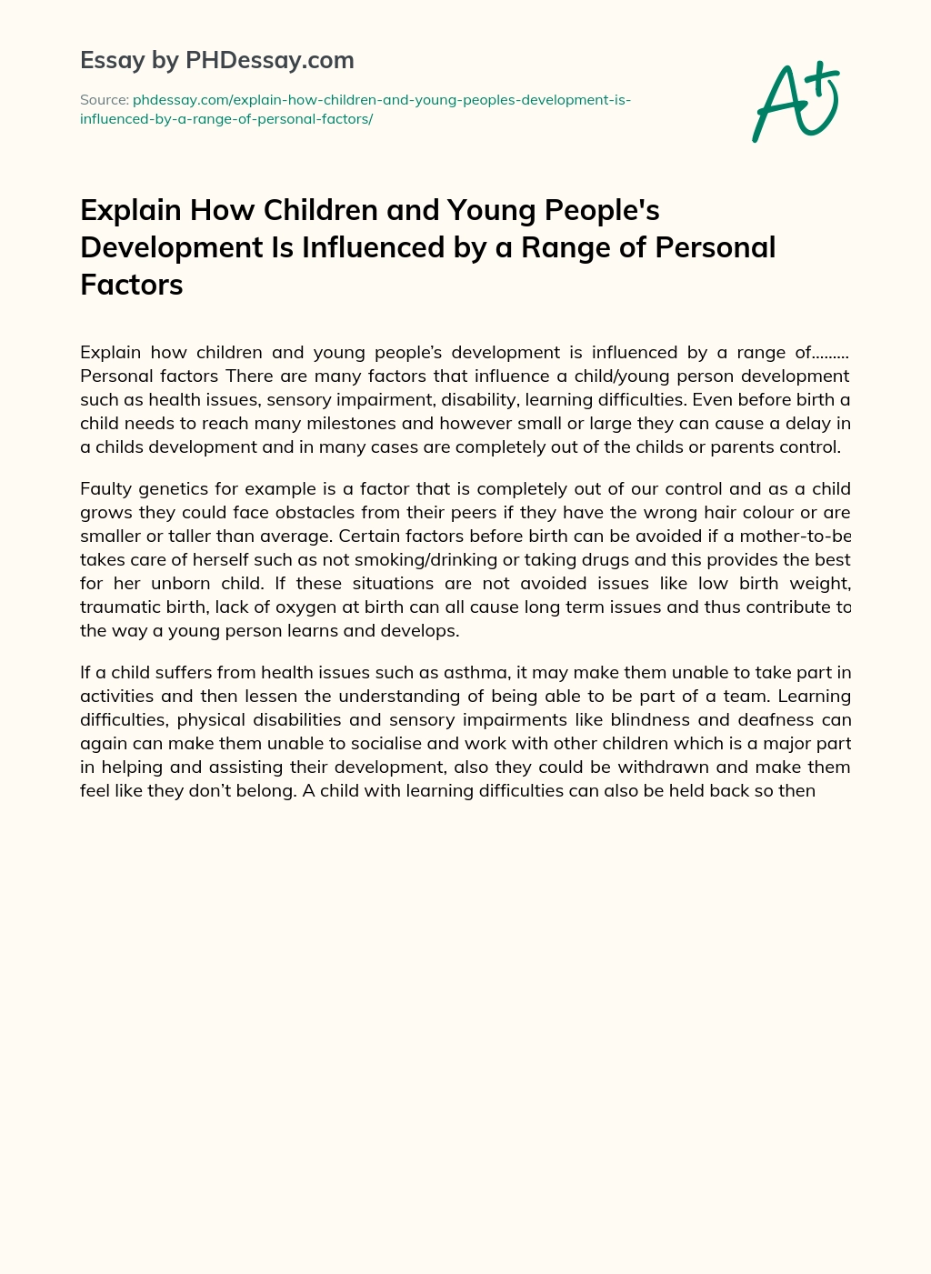 Factors Affecting Children’s Development: Personal Factors and Their Impact on Growth and Learning essay