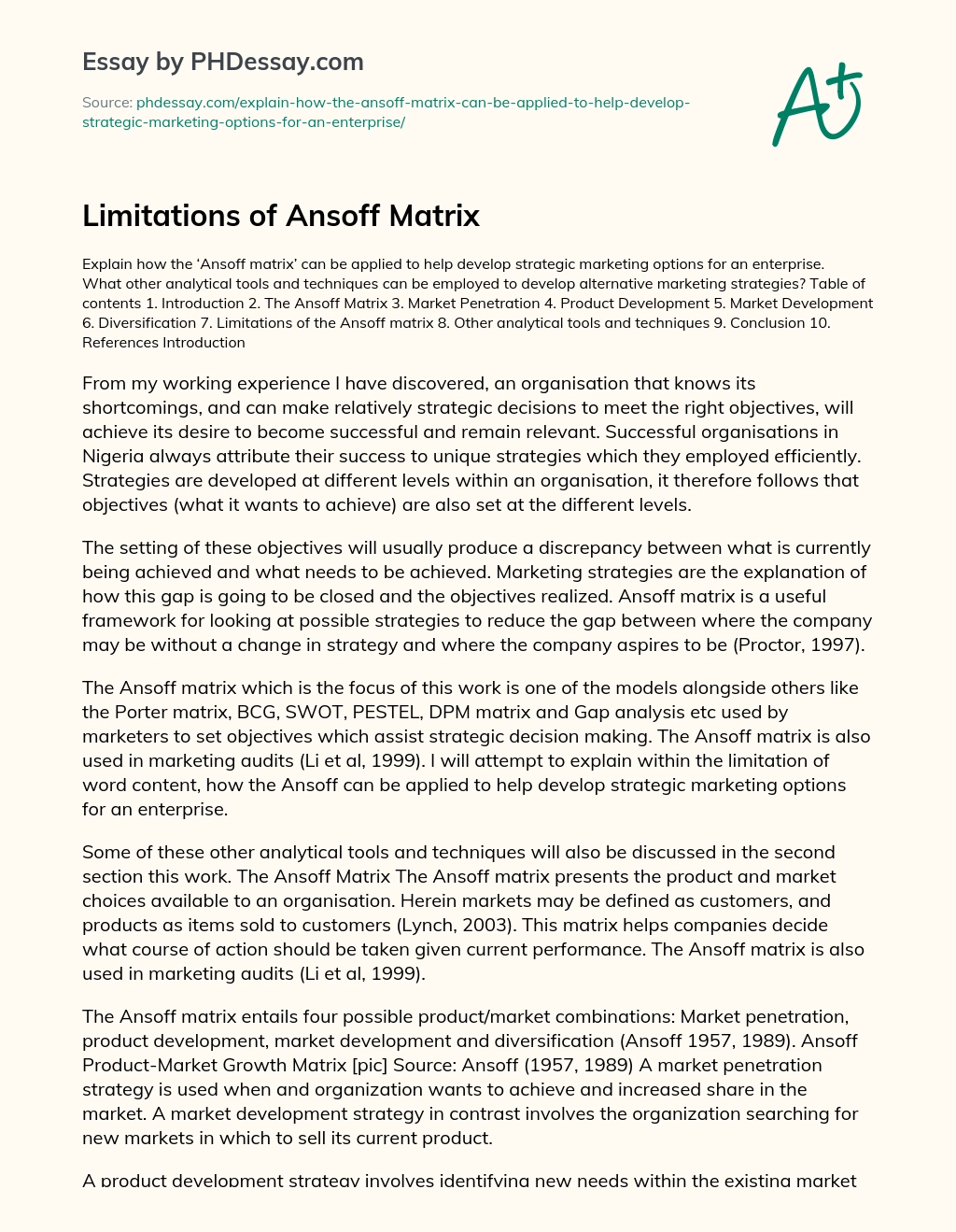 Limitations of Ansoff Matrix essay
