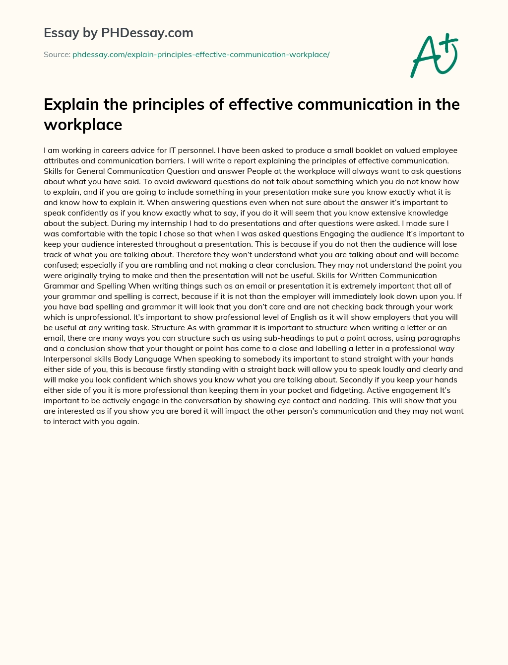 Explain the principles of effective communication in the workplace essay